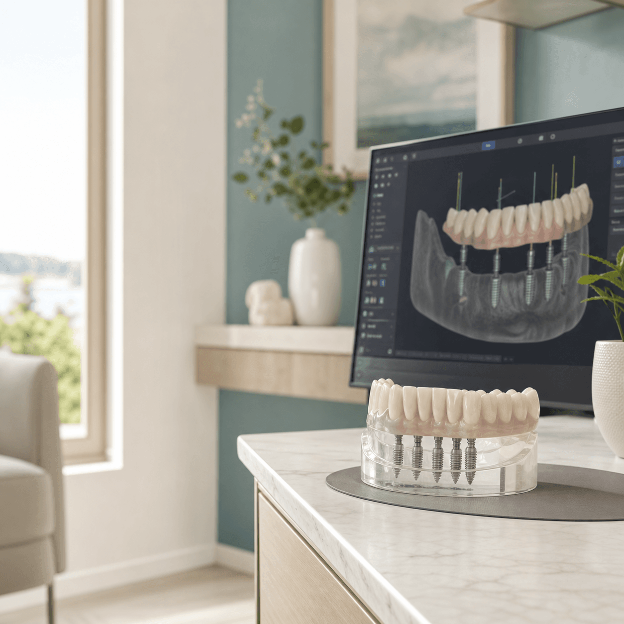 A full-arch prosthetic model and 3D planning screen in a modern dental setting