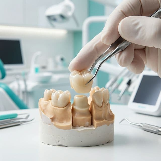Dental crown being placed on a tooth model
