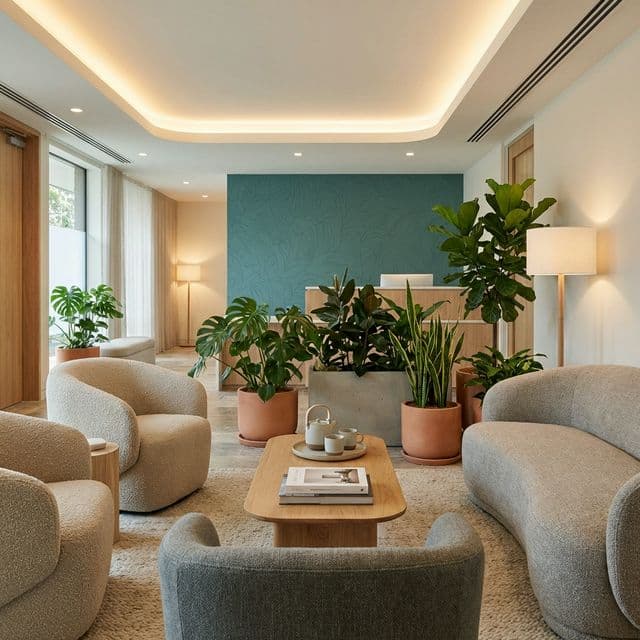A calming dental clinic waiting room with comfortable seating and plants