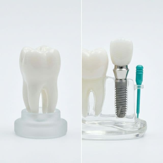 Dental implant model shown next to a natural tooth