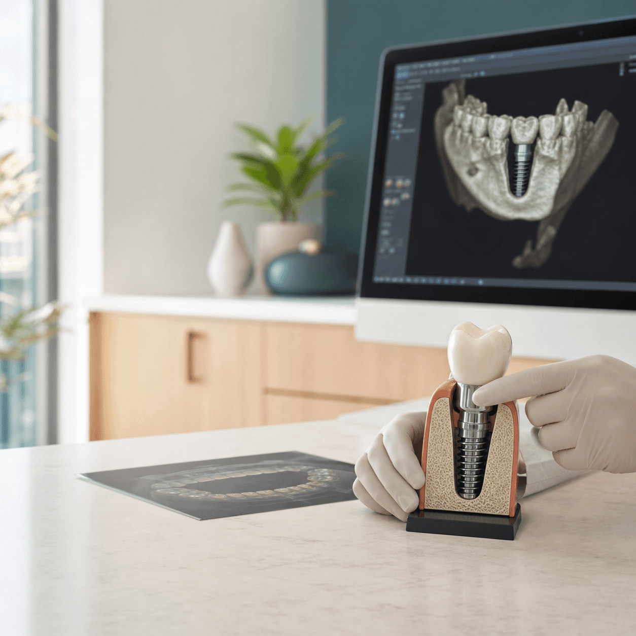 Dental implant model showing the titanium post, abutment, and crown