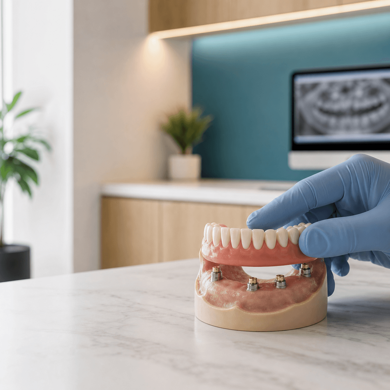 A denture model with implant attachment components in a dental planning setting