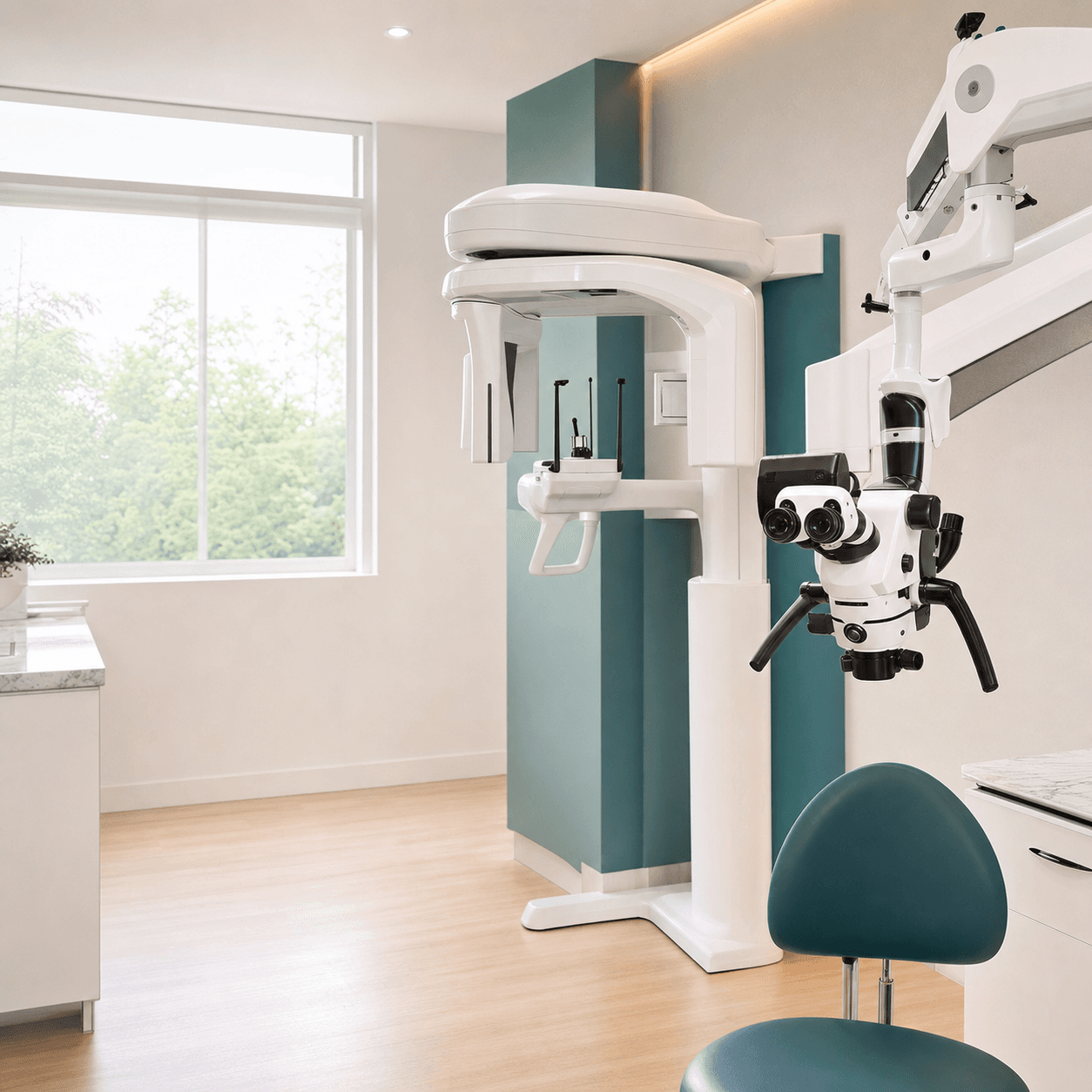 A modern dental clinic with CBCT imaging and a microscope